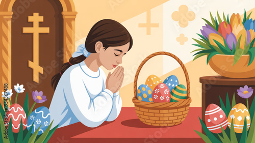 Woman praying with easter eggs basket and flowers in church symbolizing faith and celebration