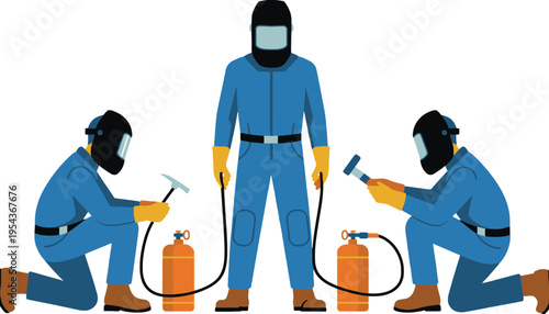 Worker in hazmat suit with two colleagues in protective gear