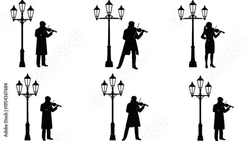 A musician silhouette playing violin under street lamp at night