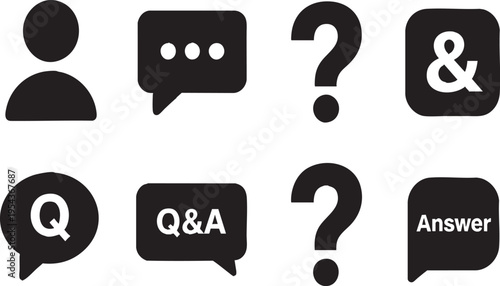 Question and answer Q A chat icon set on transparent background, black silhouette