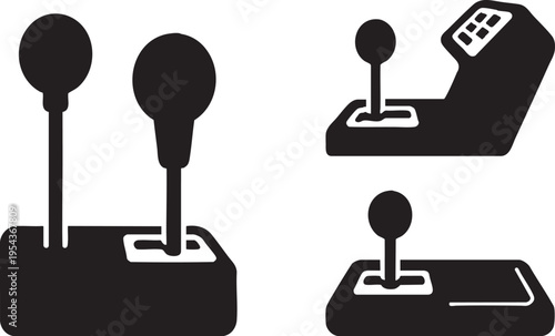 Set of Car Gear Shift Stick and Industrial Joystick Icons Silhouette on White