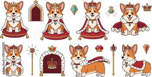 Royal Corgi Dog Cartoon Vector Set Featuring King Crown Throne Cape and Regal Puppy Character Illustration Collection Design