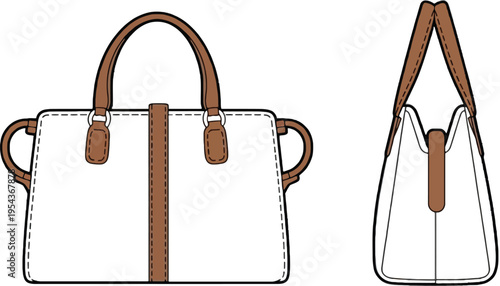 A white handbag with brown leather handles and straps illustration vector