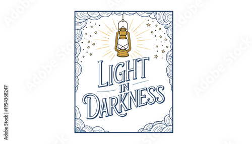 A lantern icon illustration of light in darkness with clouds and stars