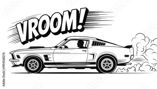 A black and white illustration of a car speeding with motion lines