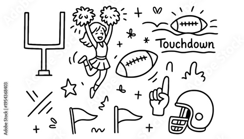 A cheerleader icon illustration with football elements and touchdown celebration