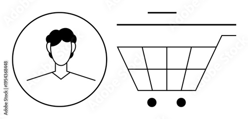 Online shopping, e-commerce services, user profiles, digital transactions, retail management, customer interaction. Circular profile icon and shopping cart outline. Online shopping and e-commerce