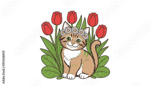 A cute cat sitting among red tulips and daisies in a flower crown