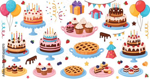 Birthday Cake Celebration Vector Set Featuring Colorful Party Desserts Cupcakes Gifts Balloons and Festive Sweet Treat Illustration Collection