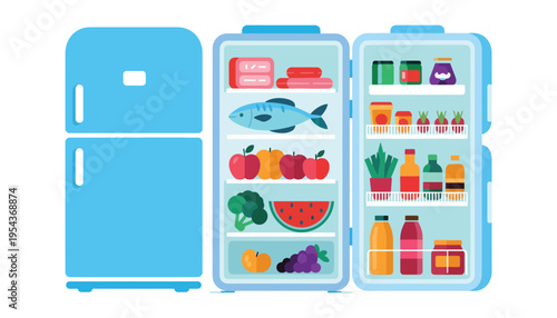 A refrigerator icon illustration with food and drinks inside the open doors and closed