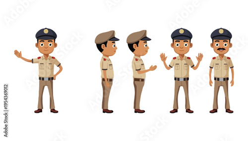 Police officer cartoon character in various poses and uniforms illustration