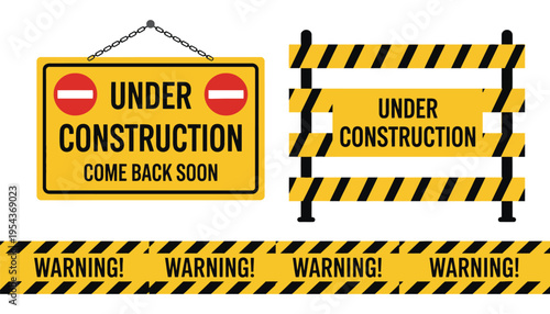 Under construction sign and warning tape on a white background