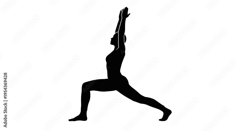 Fototapeta premium Silhouette of a woman performing Warrior I yoga pose (Virabhadrasana I) for strength and balance, isolated on white background.
