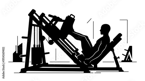 Silhouette of a man using a leg press machine in a gym, demonstrating strength training and lower body workout for muscle development.