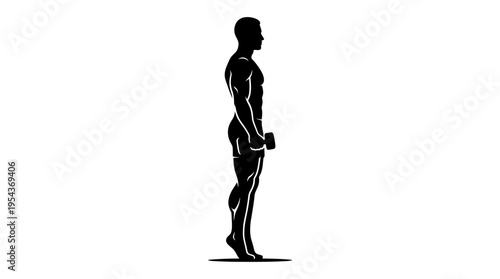 Silhouette of a man performing standing calf raises exercise with dumbbells for leg muscle strengthening and fitness, isolated on white background.