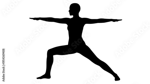 Silhouette of a person performing the Warrior II yoga pose, symbolizing strength, balance, and mindful movement in a clean, isolated studio setting.