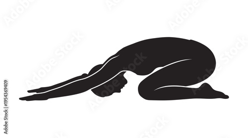 Silhouette of a person performing the Child's yoga pose, conveying relaxation, rest, and gentle stretching in a serene, isolated studio environment.