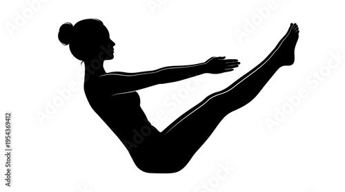 Silhouette of a woman performing the boat pose (Paripurna Navasana), a core strengthening yoga asana, isolated on white.