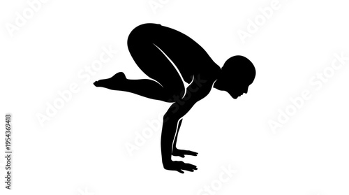 Silhouette of a person performing the crow pose, an arm-balancing yoga asana, isolated on a white background.