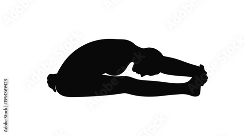 Silhouette of a person performing a seated forward bend yoga pose (Paschimottanasana), isolated on a white background.