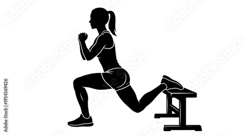 Silhouette of a woman performing a Bulgarian split squat with her back foot elevated on a bench, emphasizing leg and glute strength.