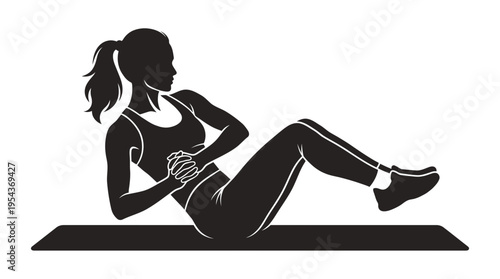 Silhouette of a woman doing a Russian twist exercise on a yoga mat for core strength and abdominal workout, isolated on white background.