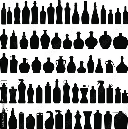 Bottle silhouette collection, glass plastic container shapes set, cosmetic kitchen beverage bottle silhouettes isolated vector icons for packaging design