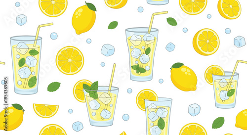 Fresh Lemonade Drink Pattern Vector Illustration Featuring Glasses with Ice Mint Leaves Lemon Slices and Refreshing Summer Beverage Background Design