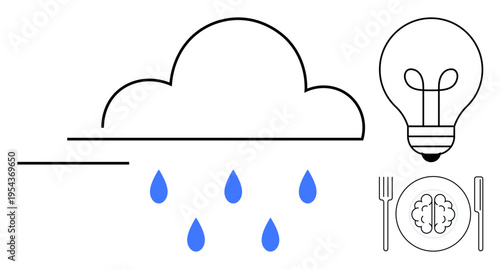 Creativity concept. Creativity by a cloud and rain paired with a light bulb and brain design. Creativity sparks ideas and innovation. Perfect for design, education, brainstorming, ideation