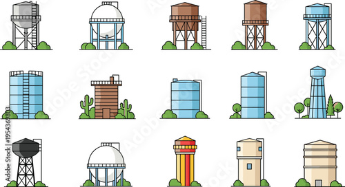 Collection of flat line vector illustrations featuring various water tower designs, industrial storage tanks, urban reservoir structures, and rural utility containers for infrastructure projects.