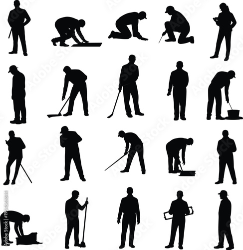 Construction, workers, silhouettes, labor, tools, cleaning, maintenance, industry, worker, set, job, equipment, manual, work, people, professional, service, black, illustration, collection