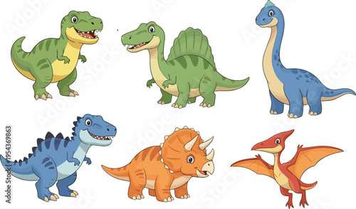 Collection of cute cartoon dinosaur characters including Tyrannosaurus Rex, Triceratops, Brachiosaurus, Spinosaurus, and Pterodactyl isolated on white background for kids education and nursery decor.
