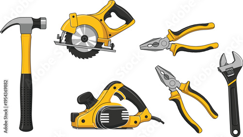 Collection of professional carpentry and construction hand tools featuring circular saw, electric planer, hammer, pliers, and adjustable wrench isolated on white background for DIY projects.