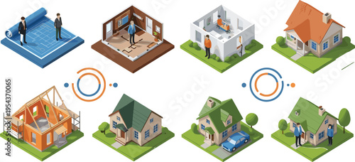 Isometric house construction set with blueprint planning structural framing and finished residential homes for real estate development architectural design and building process vector.