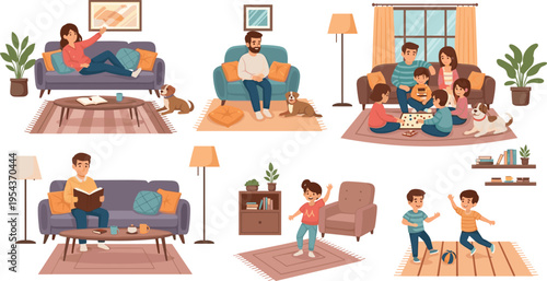 Family Relaxing at Home Vector Set Featuring Parents and Children Reading Playing Dancing and Spending Quality Time Together Lifestyle Illustration