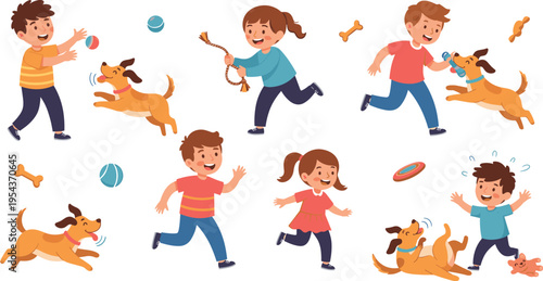 Kids Playing with Dogs Vector Set Featuring Happy Children Running Throwing Toys and Cute Puppies Fun Activity Illustration Collection