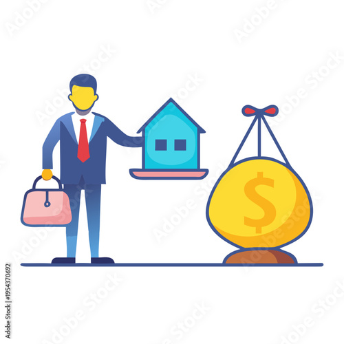Businessman evaluates the balance between a large bag of money and a house on a justice scale symbolizing mortgage and real estate investment.