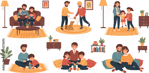 Happy Family Daily Life Scenes Vector Set Featuring Parents and Children Spending Time Together at Home Lifestyle Illustration Collection