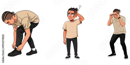 Young man in different actions tying shoelaces, confused, adjusting glasses