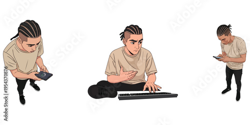 Person creating music on keyboard and using phone, viewed from above