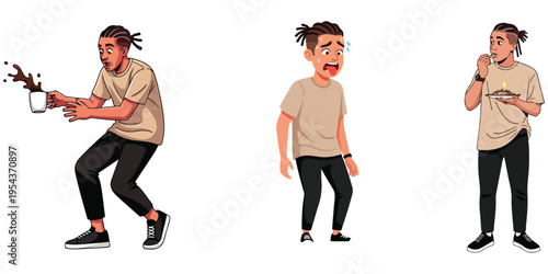 Man reacting to life's mishaps coffee spill, fright, and a birthday surprise