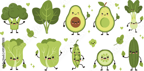 Cute Green Vegetable Characters Vector Set Featuring Avocado Lettuce Spinach Cucumber Pea and Healthy Organic Food Mascot Collection Illustration
