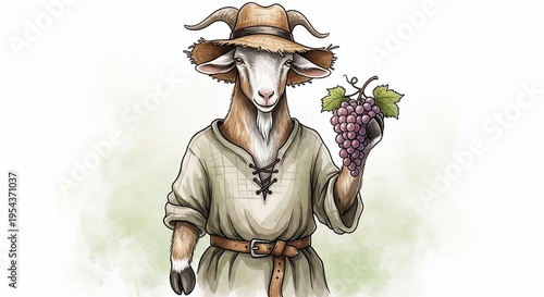Goat in vineyard garb with grape cluster with rustic mood illustrated as watercolor art