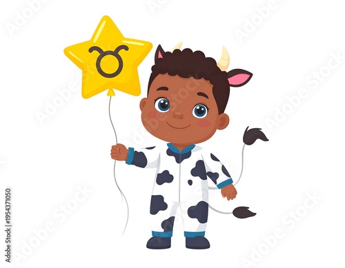 A young, dark-skinned child in a cow costume holds a star-shaped balloon bearing a zodiac symbol