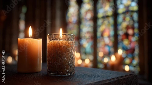 Lit candles on wooden surface with stained glass background