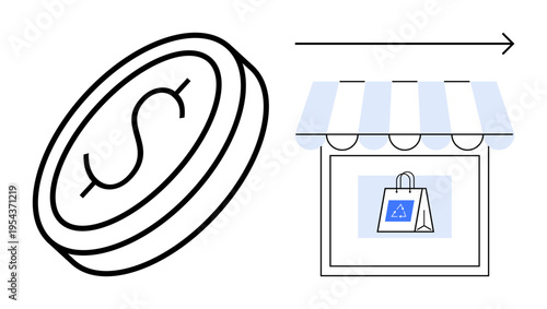 Digital transformation, e-commerce, online transactions, retail technology, financial systems, small business. Coin with dollar sign, storefront with shopping bag. Digital transformation