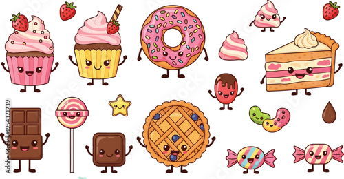 Cute Kawaii Dessert Characters Vector Set Featuring Donut, Cupcake, Chocolate, Candy, Cake Slice and Sweet Cartoon Food Mascots Isolated on White Background