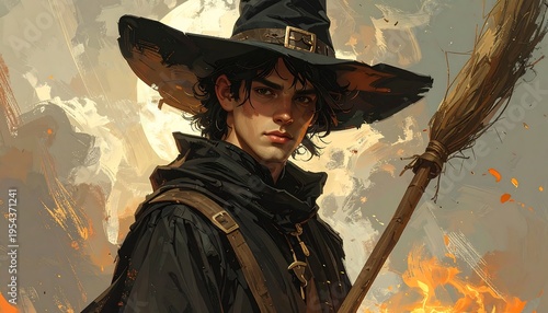A young, dark-haired figure wearing a witch's hat and cloak, holding a broom. The background is a fiery, surreal landscape