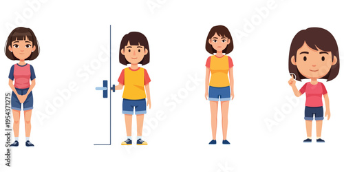 Illustration of four girls in different poses, depicting body measurements and actions