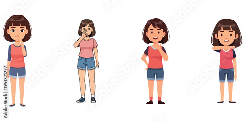 Four cartoon girls posing in different casual outfits and expressions